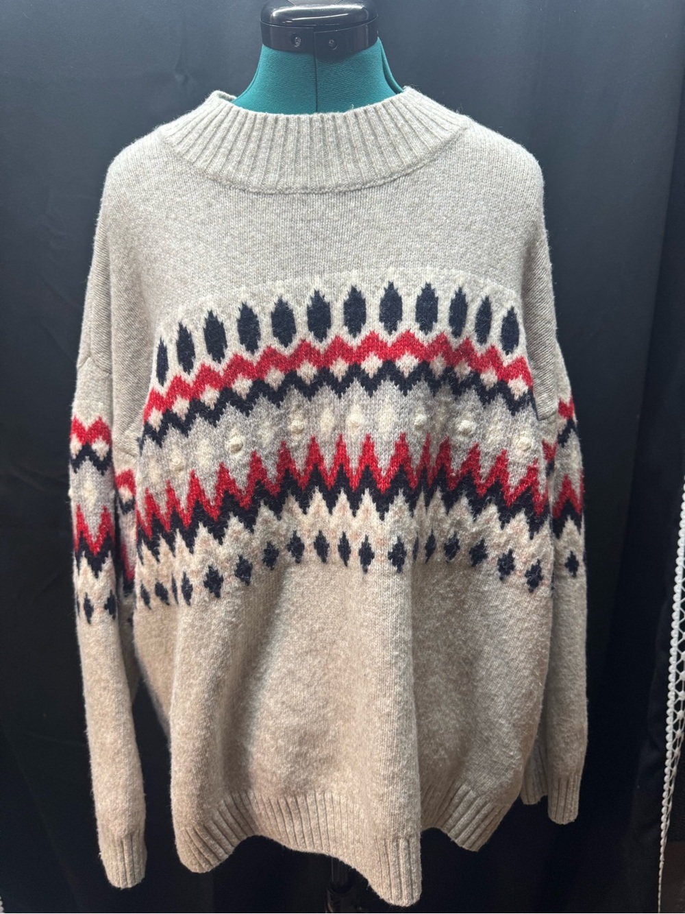 H&M Beige Fair Isle Turtleneck Sweater with Red & Navy Accents